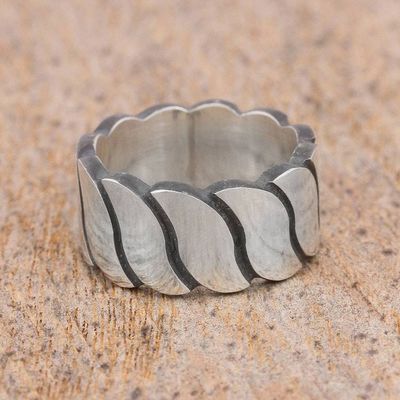 Alternate image for Mens Wave Motif Sterling Silver Band Ring from Mexico Shimmering Waves