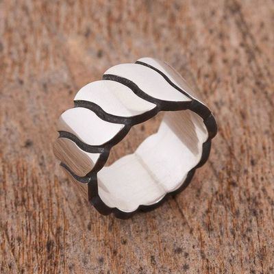 Alternate image for Mens Wave Motif Sterling Silver Band Ring from Mexico Shimmering Waves