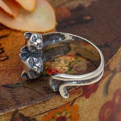 Alternate image for Oxidized and Polished Cat-Themed Sterling Silver Wrap Ring Feline Soul