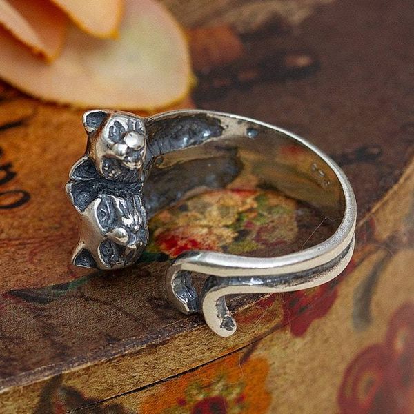 Alternate image for Oxidized and Polished Cat-Themed Sterling Silver Wrap Ring Feline Soul