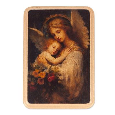 Alternate image for Decoupage on Pinewood Antique Wall Plaque of Angel and Child Angel and Child
