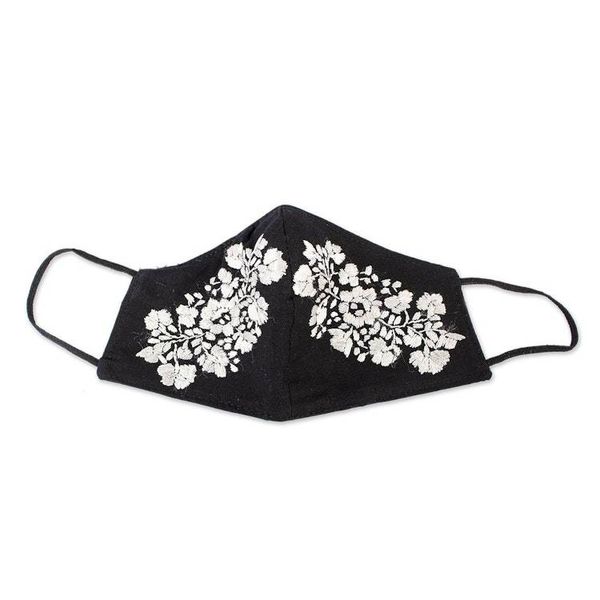 Alternate image for Reusable and Washable Black Cotton Floral Face Mask Flower Garden in Ivory