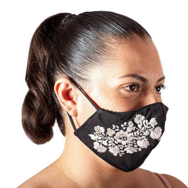 Alternate image for Reusable and Washable Black Cotton Floral Face Mask Flower Garden in Ivory