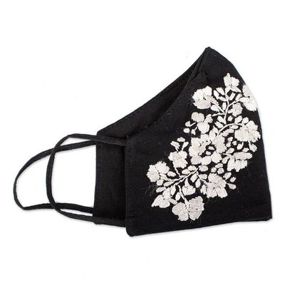 Alternate image for Reusable and Washable Black Cotton Floral Face Mask Flower Garden in Ivory