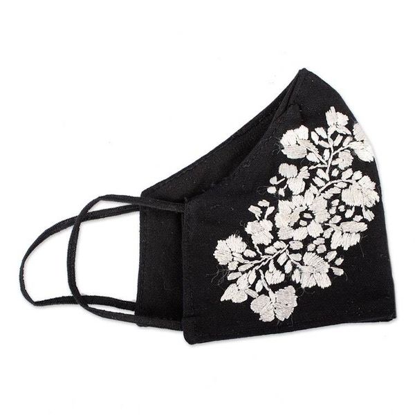 Alternate image for Reusable and Washable Black Cotton Floral Face Mask Flower Garden in Ivory