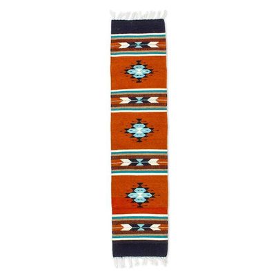 Primary image for Zapotec Geometric Wool Runner in Orange Brown Aqua 1.5x6 Contrasting Flair