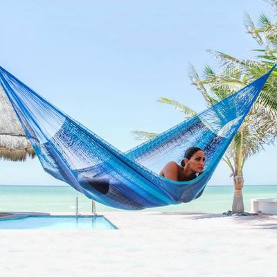 Alternate image for Hand Crafted Blue Striped Nylon Rope Single Hammock Afternoon Breeze