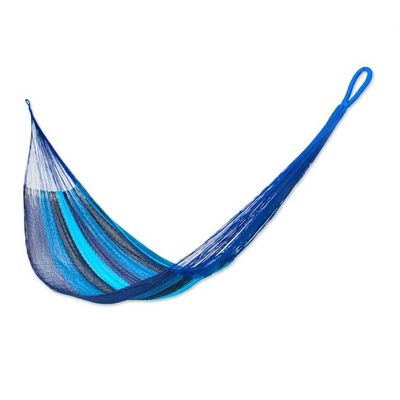 Alternate image for Hand Crafted Blue Striped Nylon Rope Single Hammock Afternoon Breeze