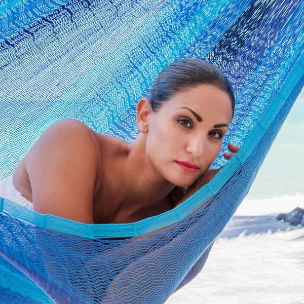 Alternate image for Hand Crafted Blue Striped Nylon Rope Single Hammock Afternoon Breeze