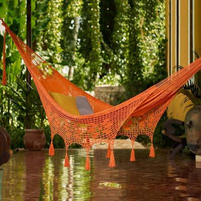 Alternate image for Orange Macrame Style Cotton Hammock from Mexico Triple Mirage in Orange