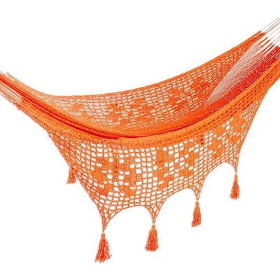 Alternate image for Orange Macrame Style Cotton Hammock from Mexico Triple Mirage in Orange