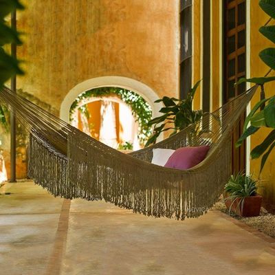 Alternate image for Fringed Olive Green Cotton Rope Double Hammock Mexico Olive Cascade