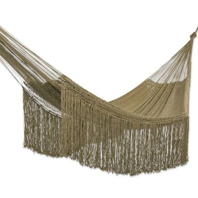 Alternate image for Fringed Olive Green Cotton Rope Double Hammock Mexico Olive Cascade