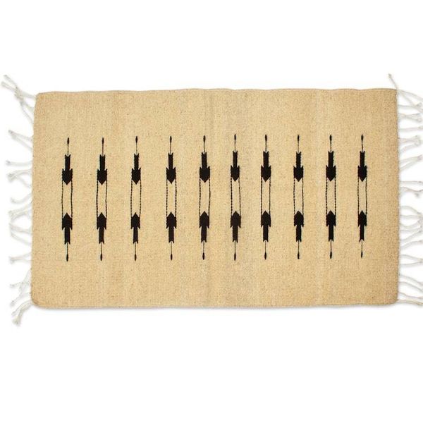 Alternate image for Zapotec-Inspired Vanilla and Black Fringed Wool Rug 2x3 Beige Majesty