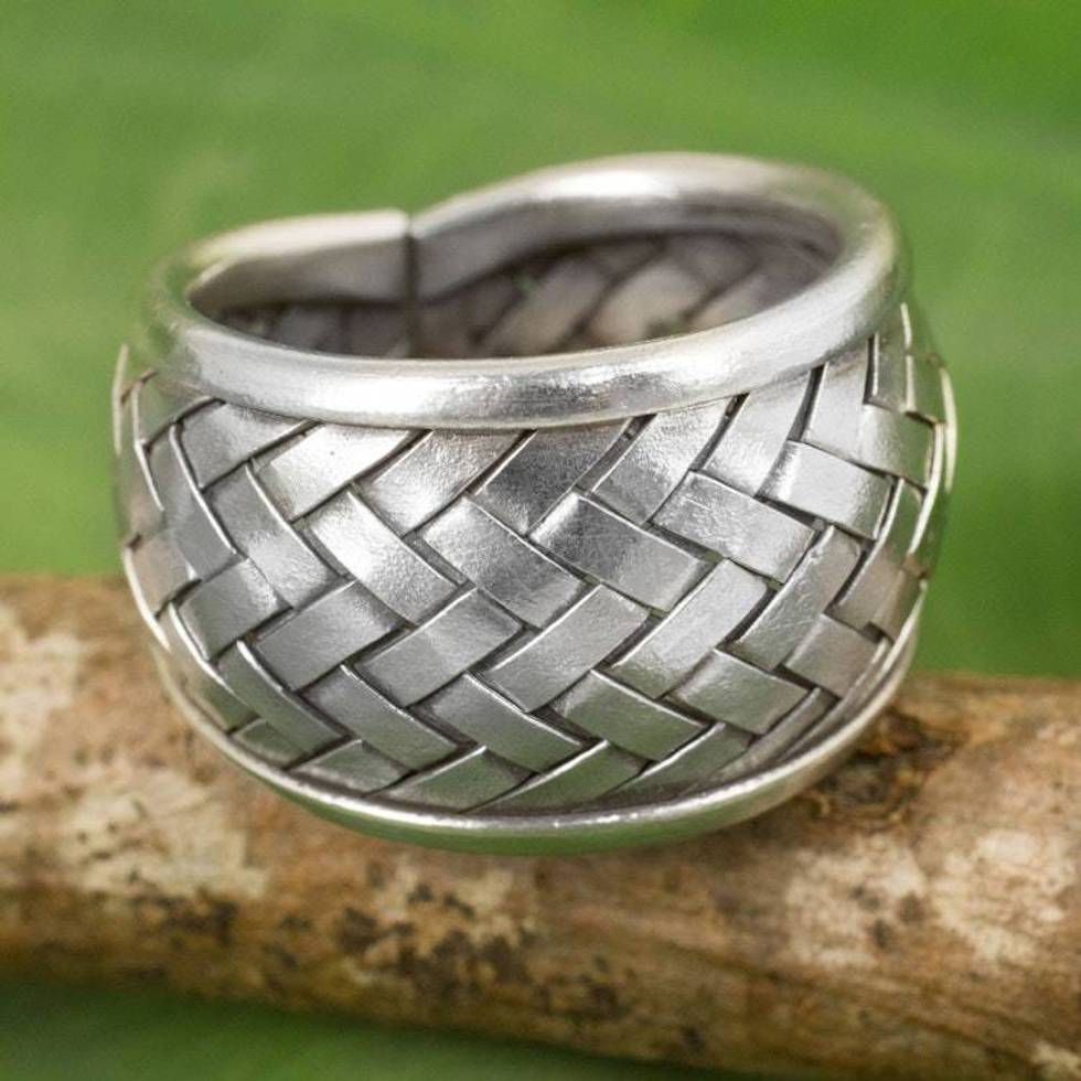 Modern Silver Band Ring with Woven Textures Crafted by Hand 'Weaving Fantasies'