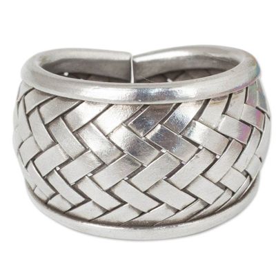 Alternate image for Modern Silver Band Ring with Woven Textures Crafted by Hand Weaving Fantasies