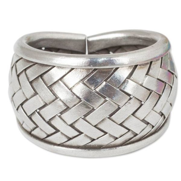 Alternate image for Modern Silver Band Ring with Woven Textures Crafted by Hand Weaving Fantasies