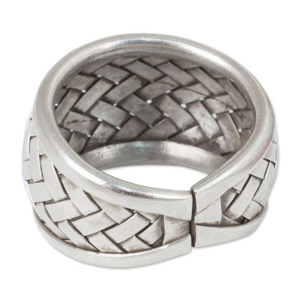 Alternate image for Modern Silver Band Ring with Woven Textures Crafted by Hand Weaving Fantasies