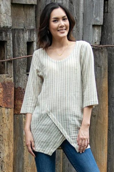 Alternate image for All Cotton Tunic from Thailand Noble Stripe in Green