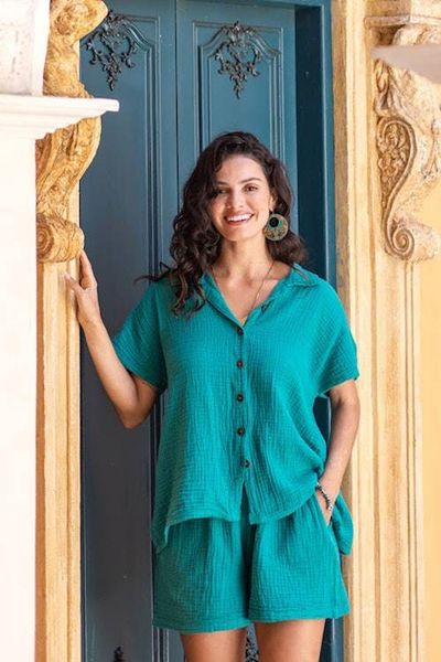 Alternate image for 100 Cotton Lounge Set with Short-Sleeved Shirt and Shorts Easy Summer