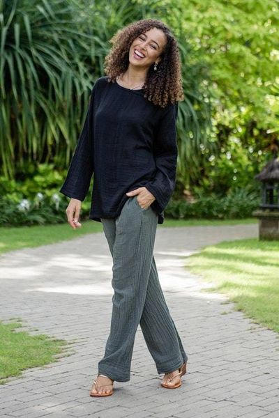 Alternate image for Hand Made Double Gauze Cotton Pants Cool Classic in Grey