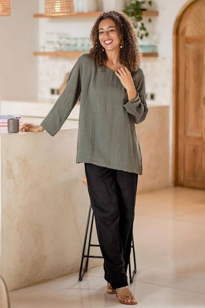 Alternate image for Handcrafted Double Gauze Cotton Pants Cool Comfort  in Black