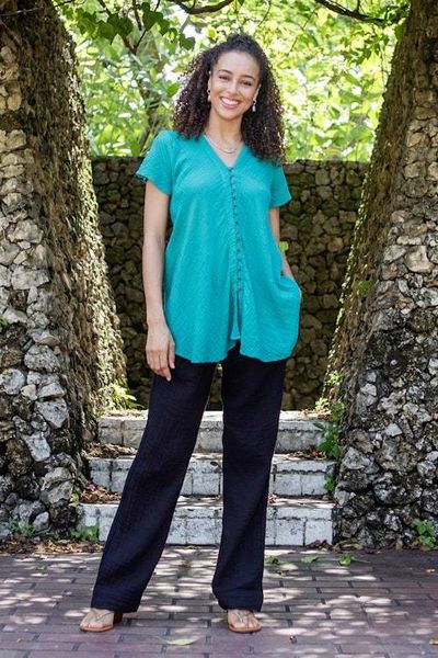 Alternate image for Handcrafted Double Gauze Cotton Pants Cool Comfort  in Black