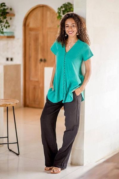 Alternate image for Cotton V-Neck Blouse with Coconut Shell Buttons Sea Green Flair