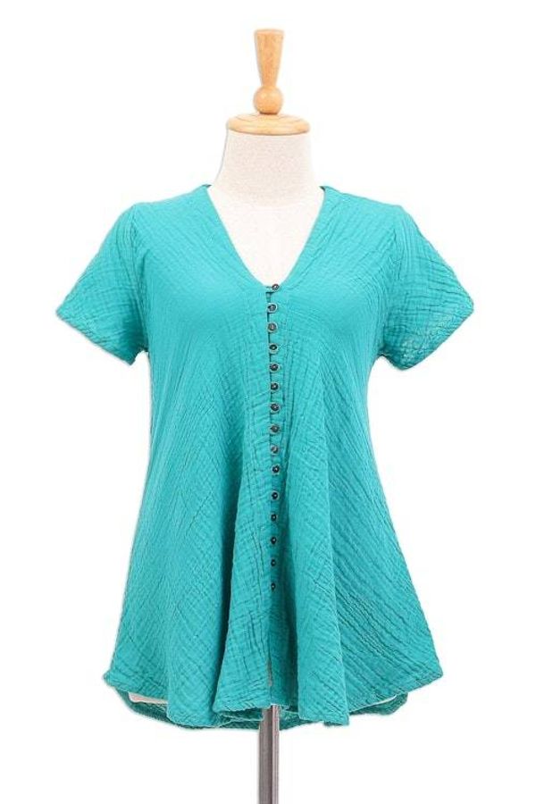 Alternate image for Cotton V-Neck Blouse with Coconut Shell Buttons Sea Green Flair