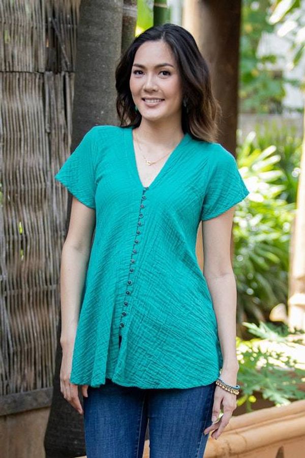Alternate image for Cotton V-Neck Blouse with Coconut Shell Buttons Sea Green Flair