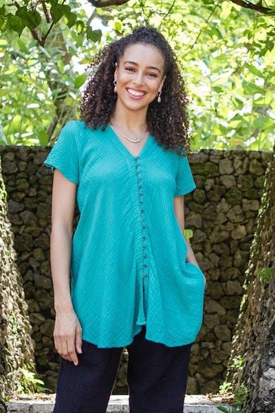 Alternate image for Cotton V-Neck Blouse with Coconut Shell Buttons Sea Green Flair