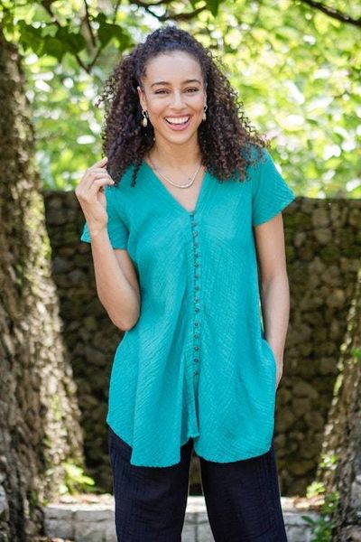 Alternate image for Cotton V-Neck Blouse with Coconut Shell Buttons Sea Green Flair