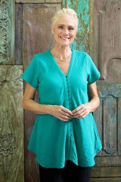 Alternate image for Cotton V-Neck Blouse with Coconut Shell Buttons Sea Green Flair