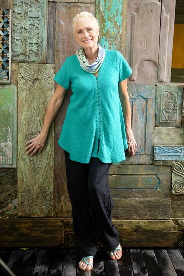 Alternate image for Cotton V-Neck Blouse with Coconut Shell Buttons Sea Green Flair
