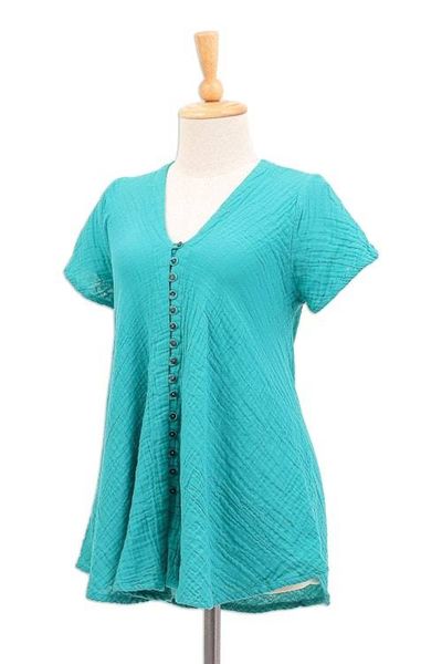 Alternate image for Cotton V-Neck Blouse with Coconut Shell Buttons Sea Green Flair