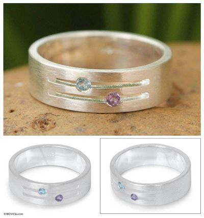 Alternate image for Blue topaz and amethyst band ring Love Key