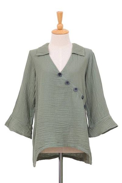 Alternate image for Sage Three Quarter Sleeve Sidetail Double Cotton Gauze Tunic Chic Asymmetry in Sage