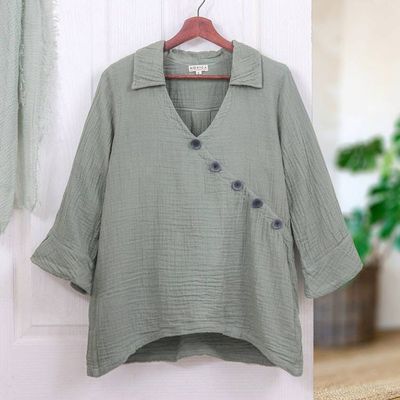 Alternate image for Sage Three Quarter Sleeve Sidetail Double Cotton Gauze Tunic Chic Asymmetry in Sage