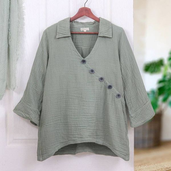 Alternate image for Sage Three Quarter Sleeve Sidetail Double Cotton Gauze Tunic Chic Asymmetry in Sage