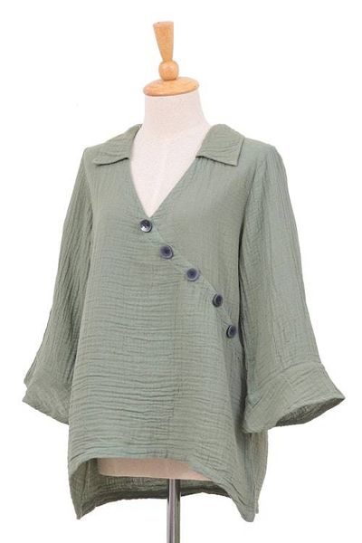 Alternate image for Sage Three Quarter Sleeve Sidetail Double Cotton Gauze Tunic Chic Asymmetry in Sage