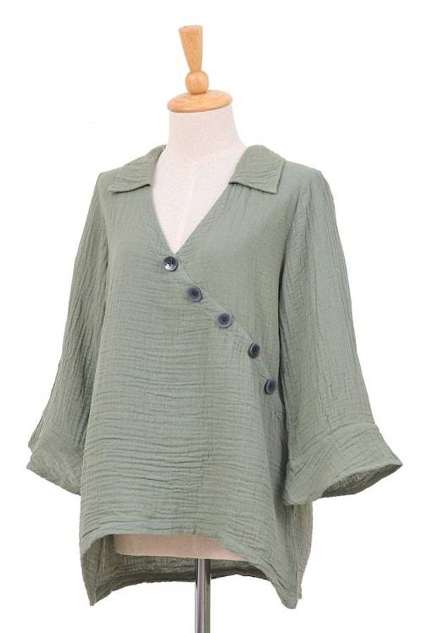 Alternate image for Sage Three Quarter Sleeve Sidetail Double Cotton Gauze Tunic Chic Asymmetry in Sage