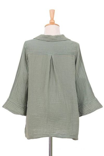 Alternate image for Sage Three Quarter Sleeve Sidetail Double Cotton Gauze Tunic Chic Asymmetry in Sage