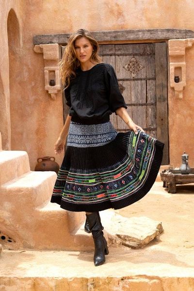 Alternate image for Hill Tribe-Inspired Cotton Pleated Elastic Waist Midi Skirt Work of Art