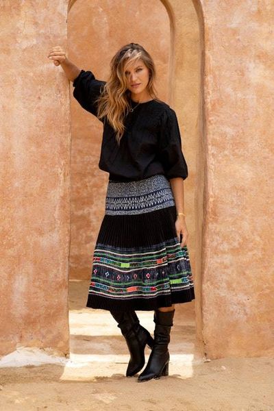 Alternate image for Hill Tribe-Inspired Cotton Pleated Elastic Waist Midi Skirt Work of Art