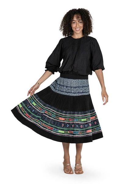 Alternate image for Hill Tribe-Inspired Cotton Pleated Elastic Waist Midi Skirt Work of Art