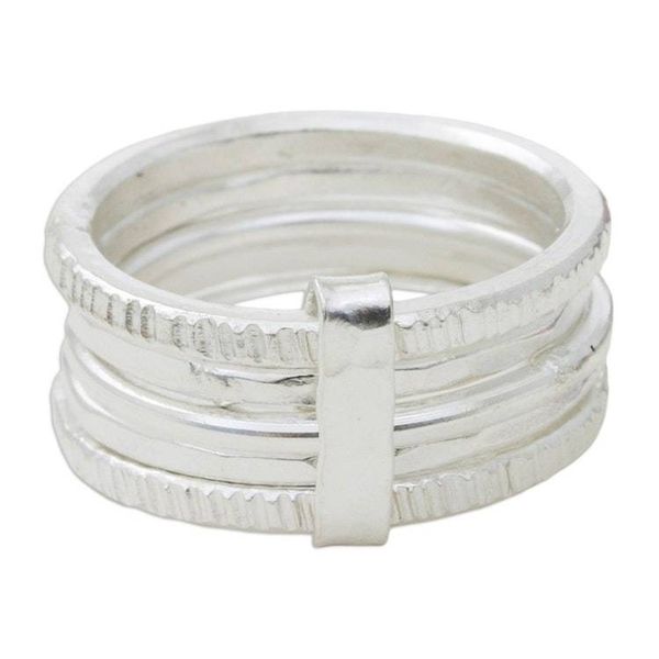 Alternate image for Five Linked Hand Crafted Hill Tribe Silver Band Rings Karen Quintet