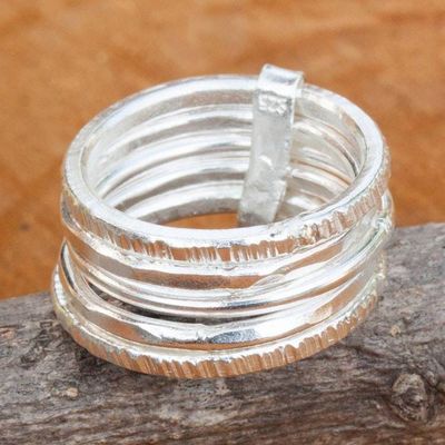 Alternate image for Five Linked Hand Crafted Hill Tribe Silver Band Rings Karen Quintet
