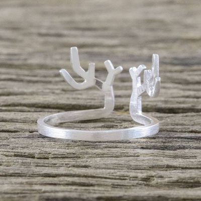 Alternate image for Satin Finish Sterling Silver Antler Ring from Thailand Antler Charm