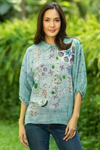 Primary image for Hand-Painted Batik Cotton Blouse Green Garden