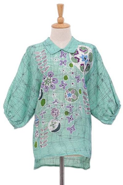 Alternate image for Hand-Painted Batik Cotton Blouse Green Garden